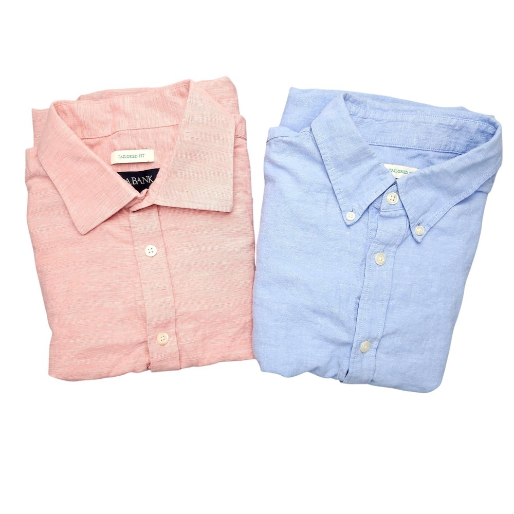 Jos. A.‎ Bank Shirt Mens L Blue Pink Solid Short Sleeve Linen Button Up LOT OF 2